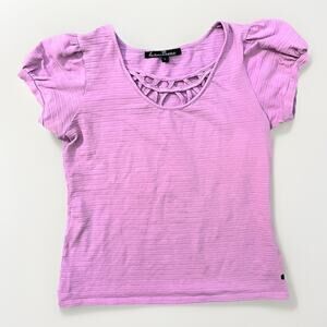 Kamiseta Women’s Size Large Pink Ribbed Knit Short Sleeve Top Cutout Neck Detail
